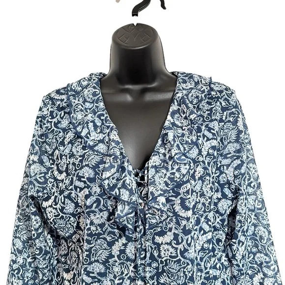 Chaps Denim Blue & White Paisley Ruffle Collar Lace-up neck 3/4 Sleeve Top Sz XL - Picture 2 of 9